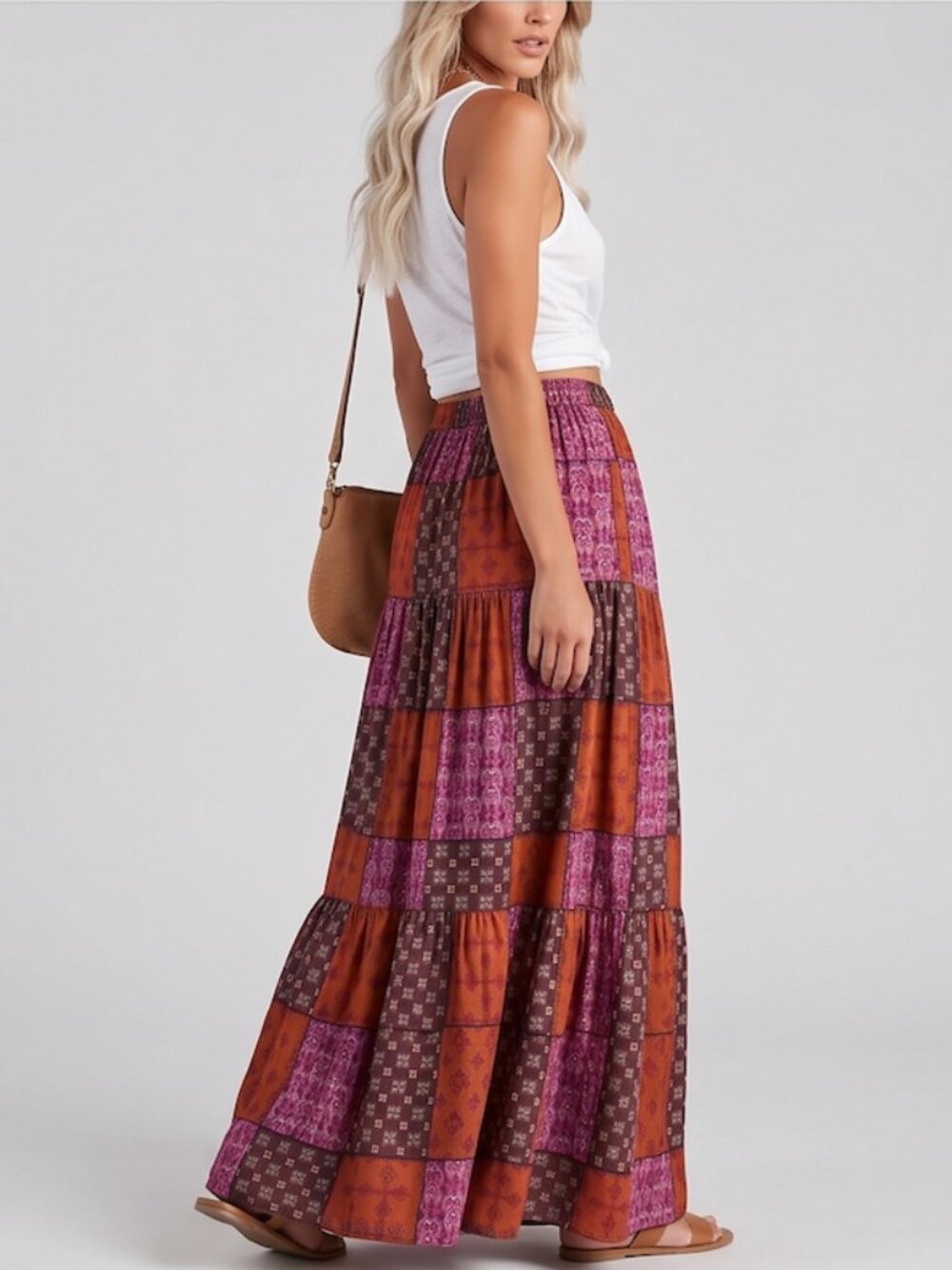 Boho Patchwork Print Maxi Skirt Red - Picture 3 of 11